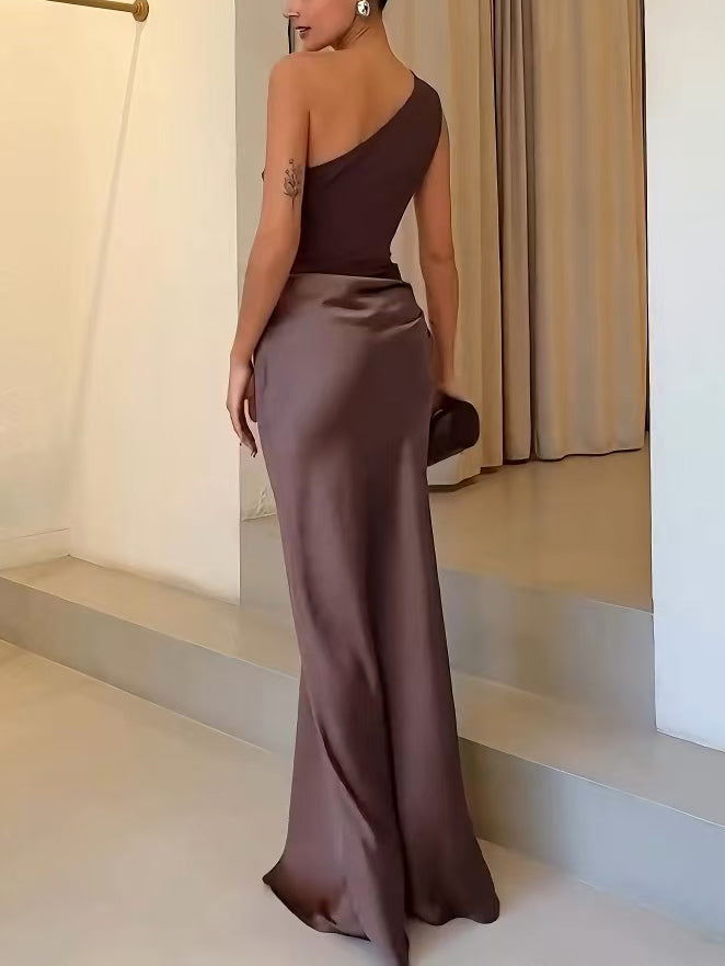 Woman wearing a one-shoulder ruched satin formal maxi dress - view 7