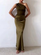 Woman wearing a one-shoulder ruched satin formal maxi dress - view 8