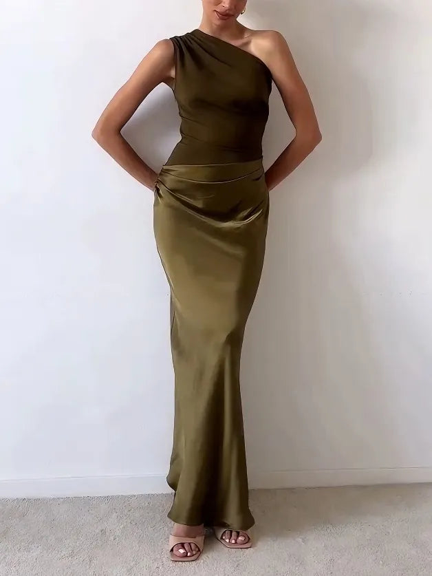 Woman wearing a one-shoulder ruched satin formal maxi dress - view 8