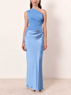 Woman wearing a one-shoulder ruched satin formal maxi dress - view 9