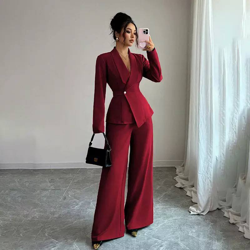 Business casual women's wrap blazer and wide leg pants set