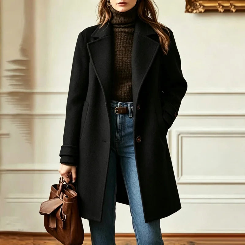 Women's mid-length wool blend coat with wide notch lapels and two-button front - view 4