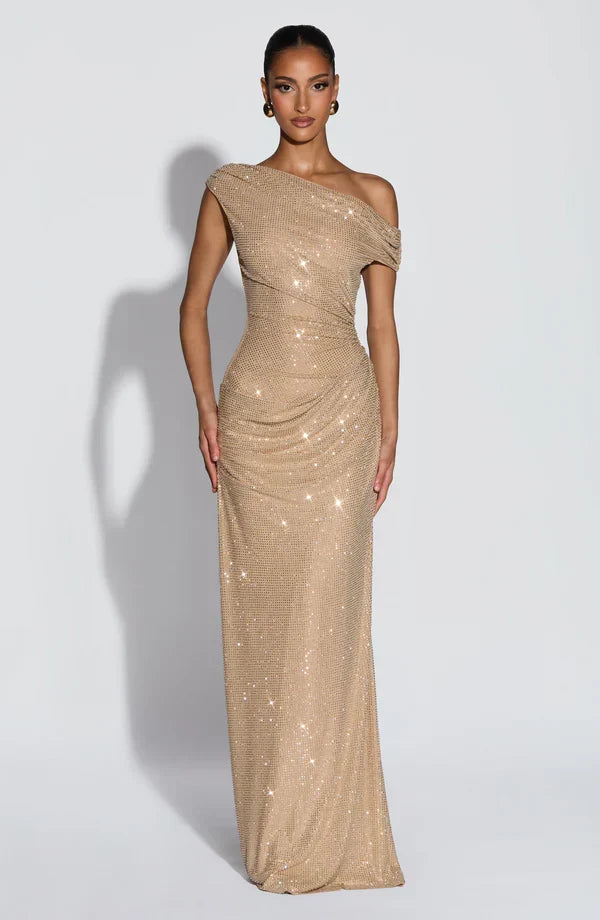 One shoulder sequin maxi dress with ruched waist and floor-length skirt