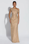 One shoulder sequin maxi dress with ruched waist and floor-length skirt