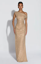 One shoulder sequin maxi dress with ruched waist and floor-length skirt