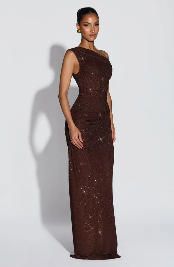 One shoulder sequin maxi dress with ruched waist and floor-length skirt - view 10