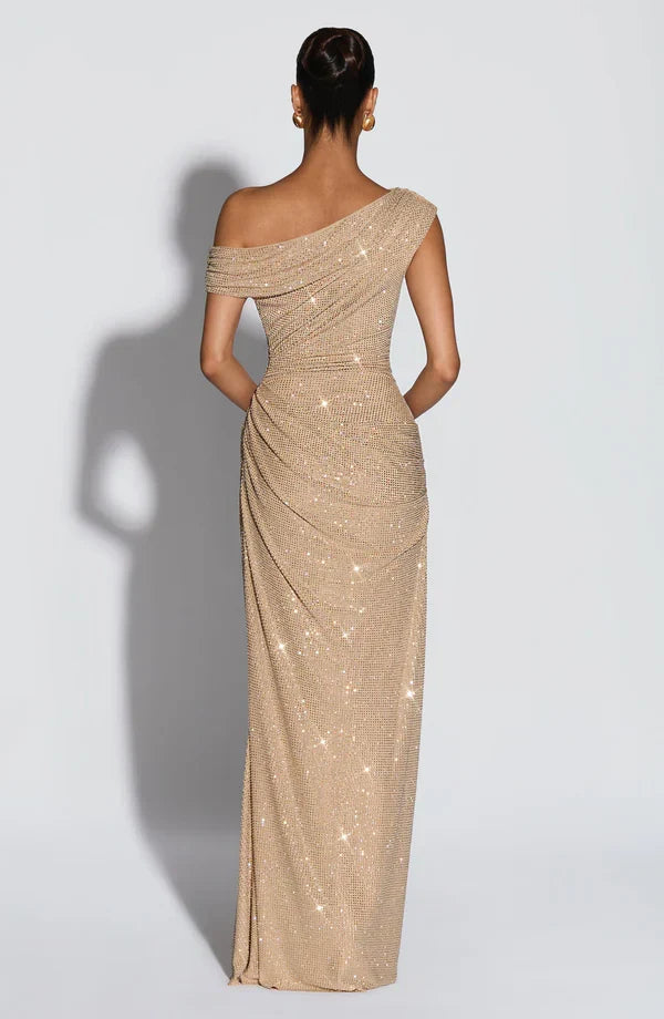 One shoulder sequin maxi dress with ruched waist and floor-length skirt - view 2