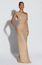 One shoulder sequin maxi dress with ruched waist and floor-length skirt - view 4