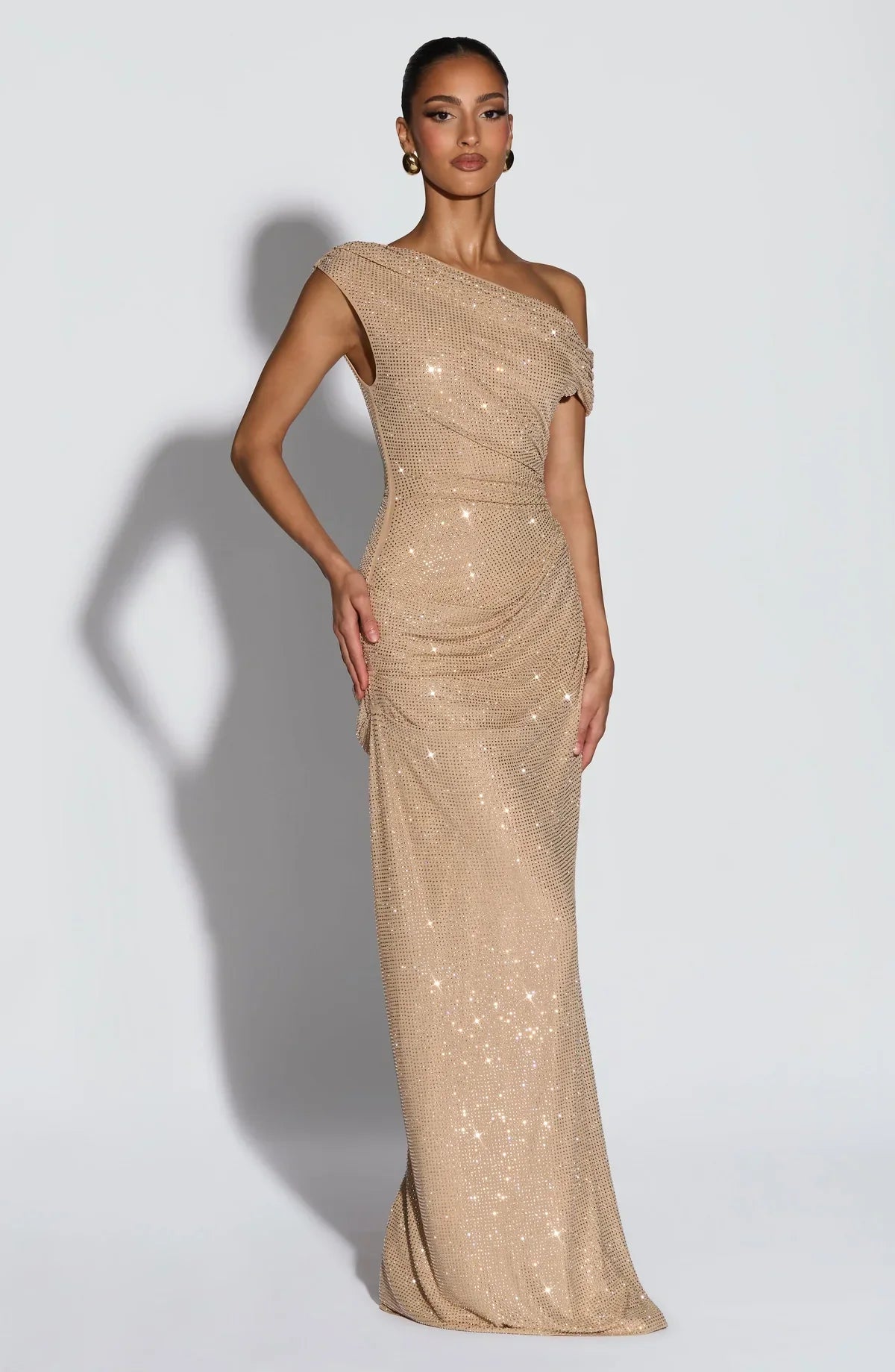 One shoulder sequin maxi dress with ruched waist and floor-length skirt - view 4