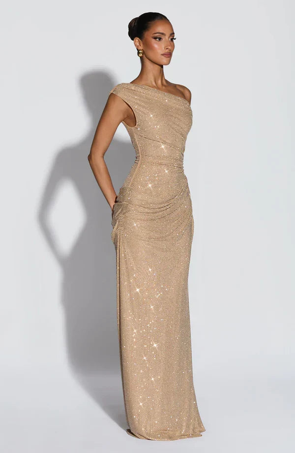 One shoulder sequin maxi dress with ruched waist and floor-length skirt - view 5