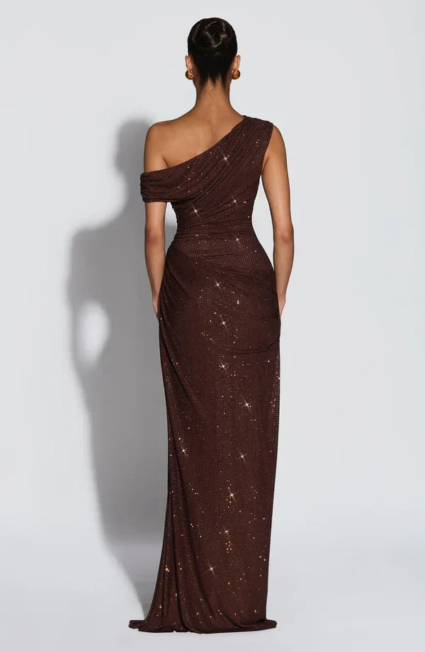 One shoulder sequin maxi dress with ruched waist and floor-length skirt - view 7