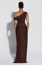 One shoulder sequin maxi dress with ruched waist and floor-length skirt - view 7