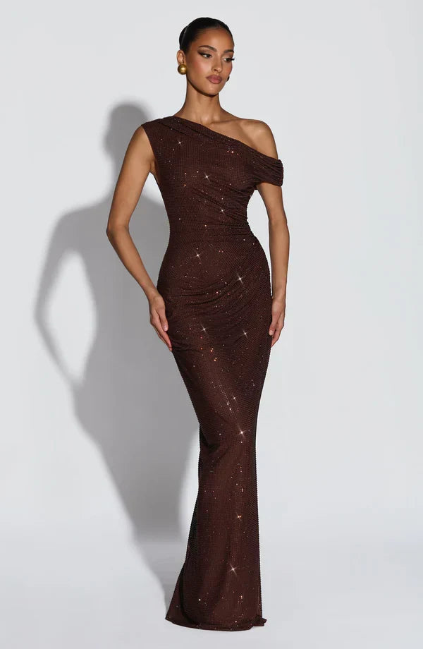 One shoulder sequin maxi dress with ruched waist and floor-length skirt - view 8