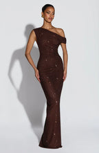 One shoulder sequin maxi dress with ruched waist and floor-length skirt - view 8
