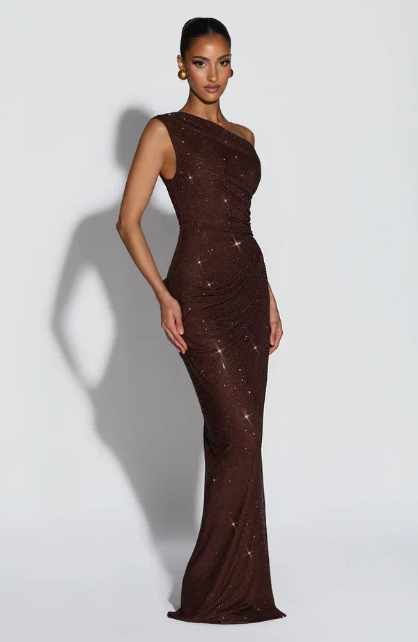 One shoulder sequin maxi dress with ruched waist and floor-length skirt - view 9