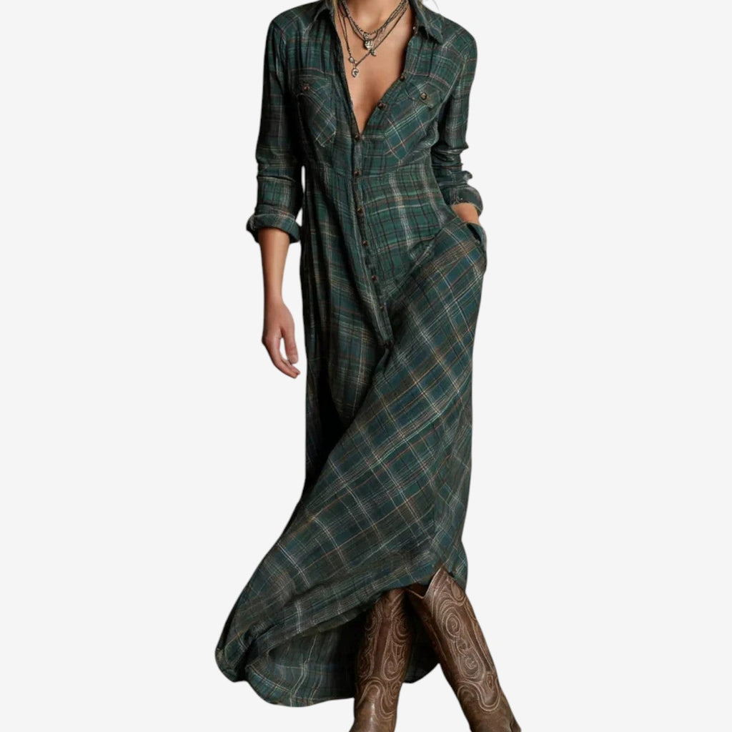 Green plaid long sleeve button-front A-line maxi shirt dress