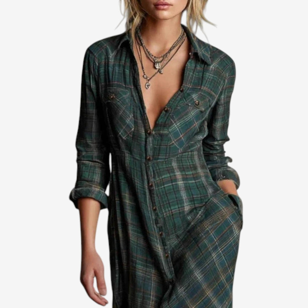 Green plaid long sleeve button-front A-line maxi shirt dress - view 2