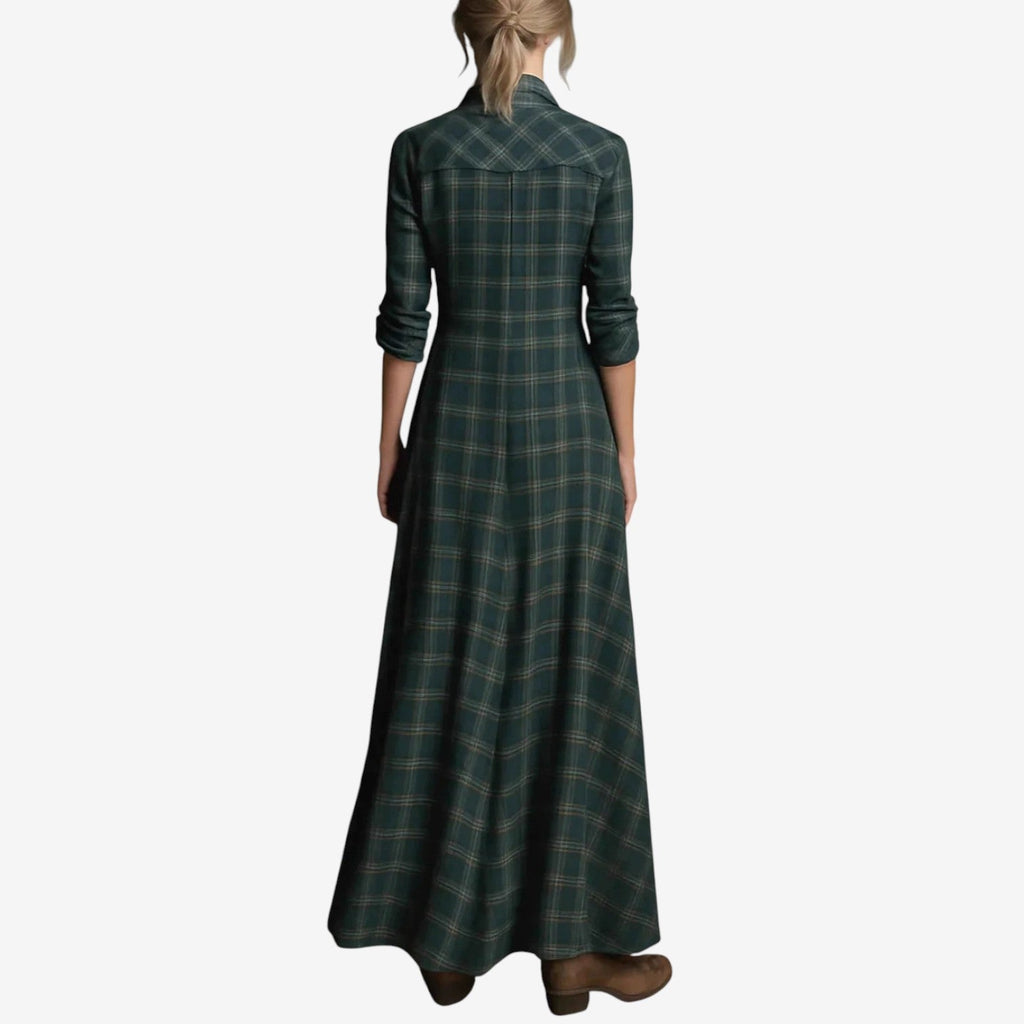 Green plaid long sleeve button-front A-line maxi shirt dress - view 3