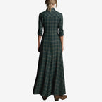 Green plaid long sleeve button-front A-line maxi shirt dress - view 3