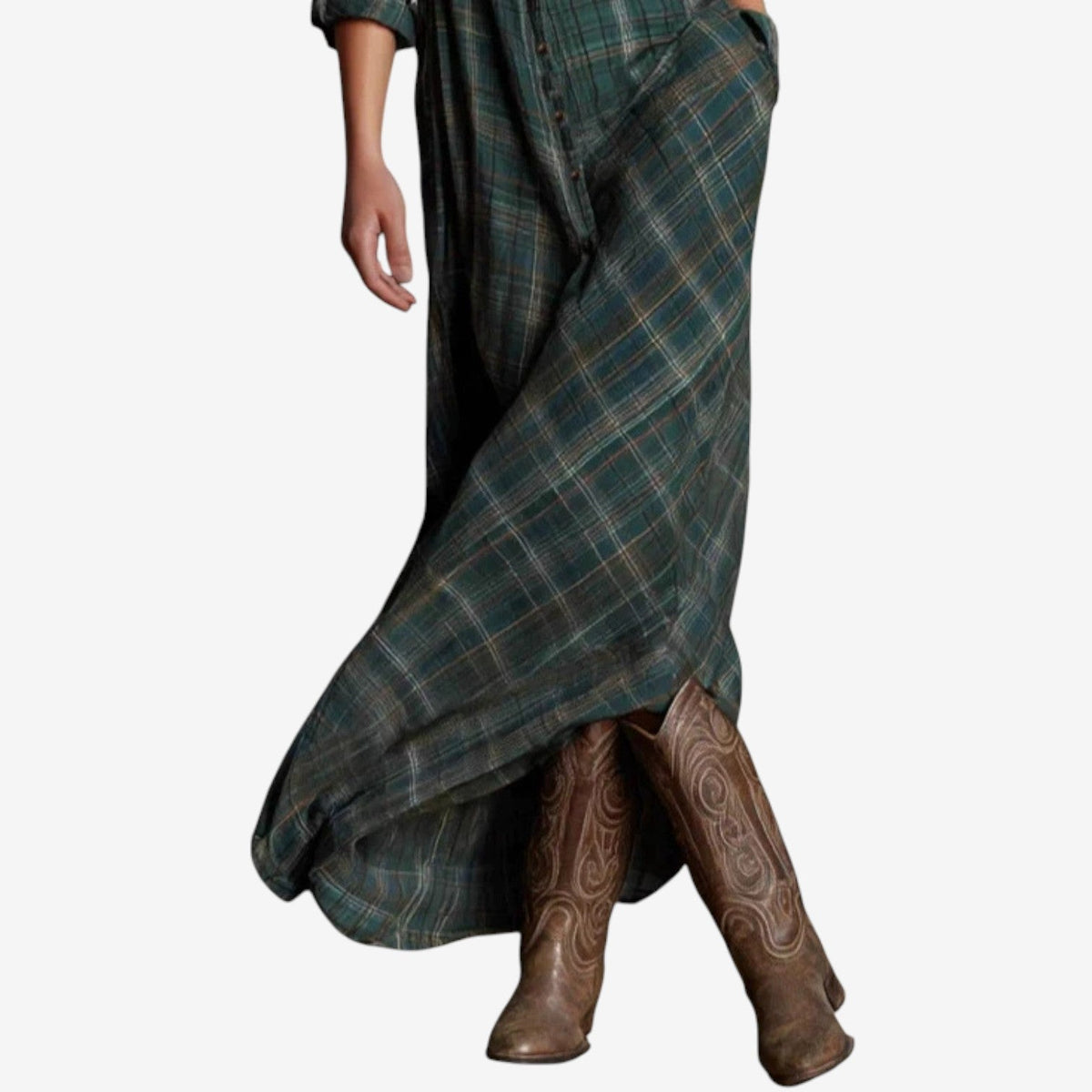 Green plaid long sleeve button-front A-line maxi shirt dress - view 4