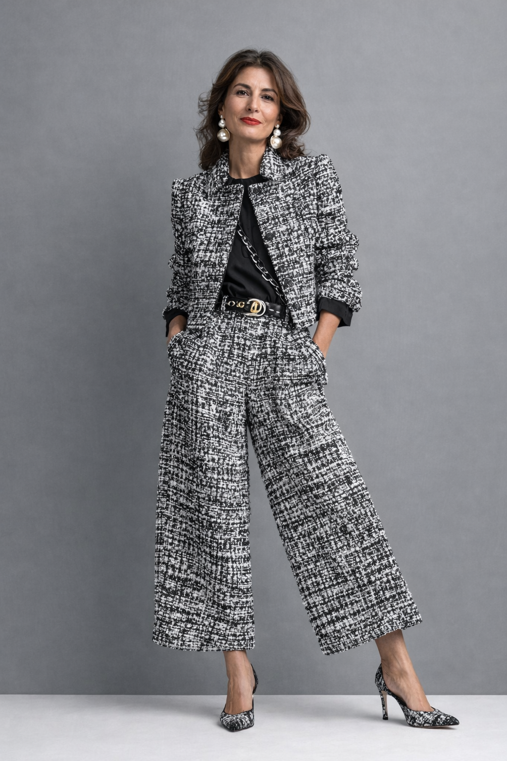 Woman wearing a black and white tweed-look cropped jacket and wide-leg pants matching set