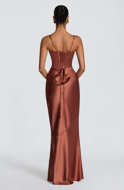 Ophelia satin formal evening maxi dress with cupped bodice and lace-up corset back - view 11