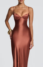 Ophelia satin formal evening maxi dress with cupped bodice and lace-up corset back - view 12