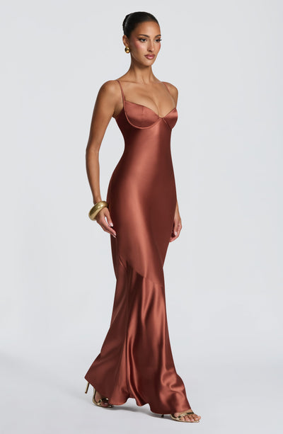Ophelia satin formal evening maxi dress with cupped bodice and lace-up corset back - view 7