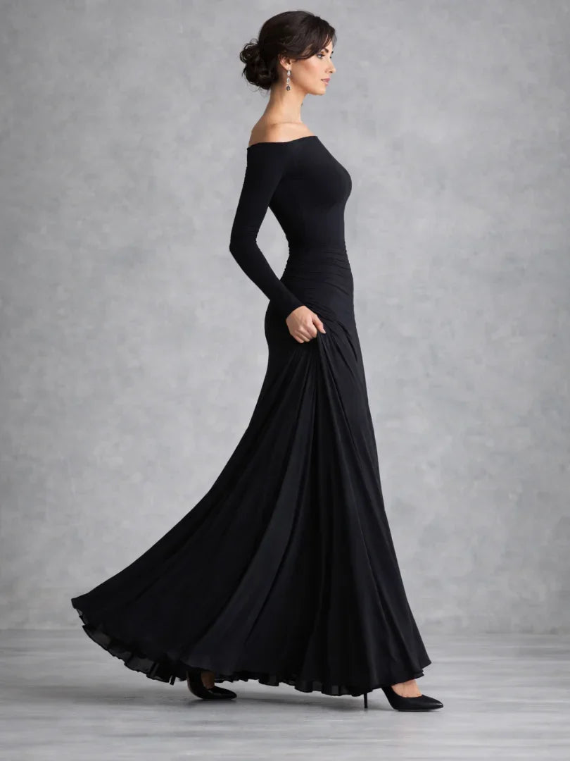 Black boat neck long sleeve maxi dress with draped waist and flowing skirt - view 2