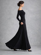 Black boat neck long sleeve maxi dress with draped waist and flowing skirt - view 2