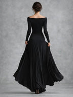 Black boat neck long sleeve maxi dress with draped waist and flowing skirt - view 3