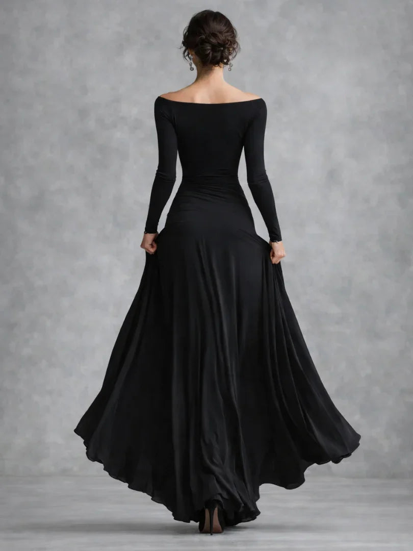 Black boat neck long sleeve maxi dress with draped waist and flowing skirt - view 3