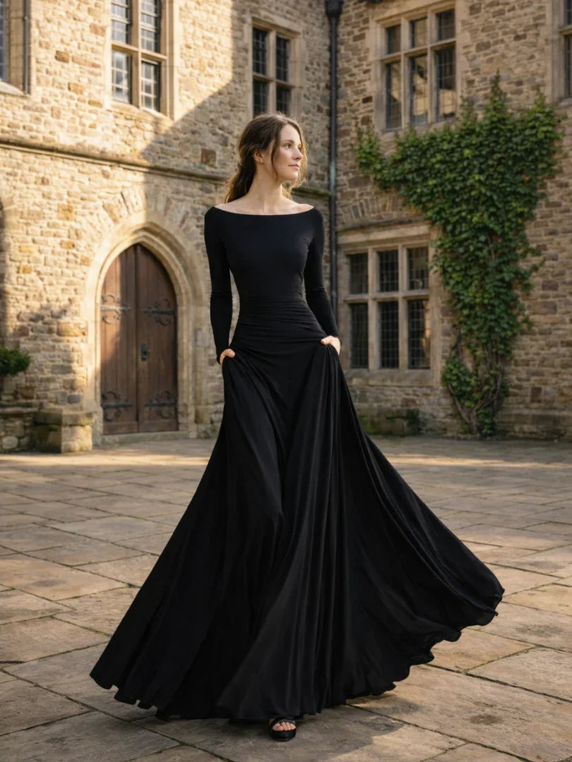 Black boat neck long sleeve maxi dress with draped waist and flowing skirt - view 4