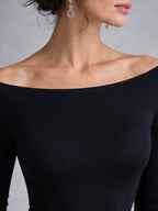 Black boat neck long sleeve maxi dress with draped waist and flowing skirt - view 5
