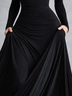Black boat neck long sleeve maxi dress with draped waist and flowing skirt - view 6