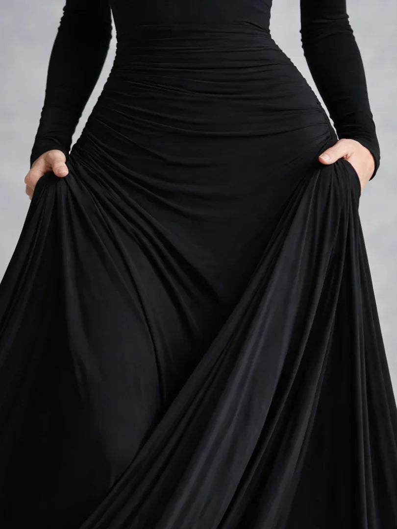 Black boat neck long sleeve maxi dress with draped waist and flowing skirt - view 6
