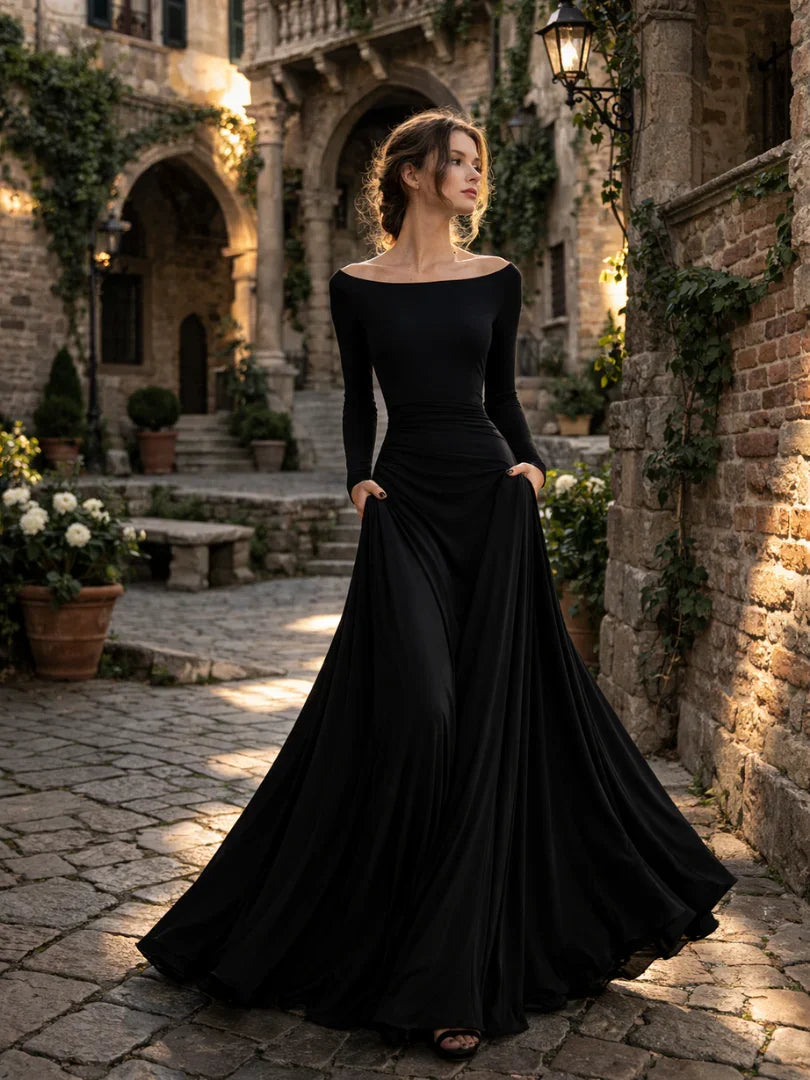 Black boat neck long sleeve maxi dress with draped waist and flowing skirt - view 7