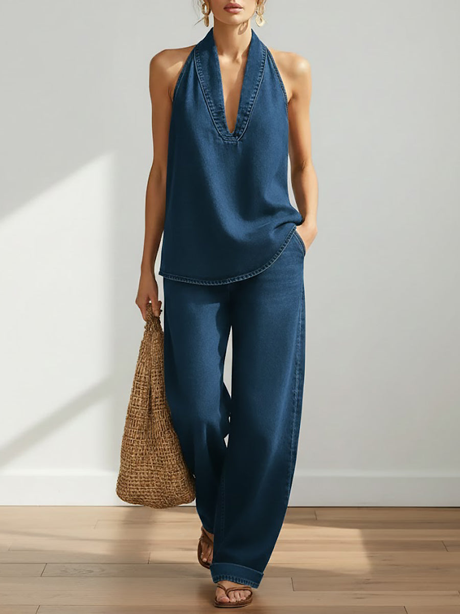 Devon | Denim Halter Top Wide-Leg Pants Set oaklynwear