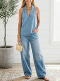 Devon | Denim Halter Top Wide-Leg Pants Set oaklynwear