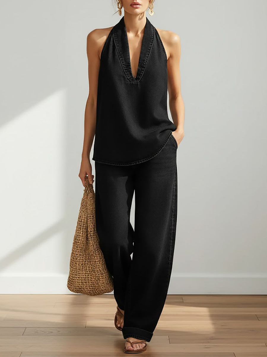 Devon | Denim Halter Top Wide-Leg Pants Set oaklynwear