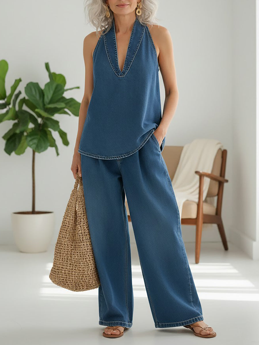 Devon | Denim Halter Top Wide-Leg Pants Set oaklynwear
