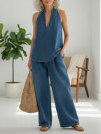 Devon | Denim Halter Top Wide-Leg Pants Set oaklynwear