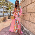 Zara™ | Women's Abstract Print Maxi Dress – Deep V-Neck Kimono Sleeve Tie Waist Dress with Front Split oaklynwear