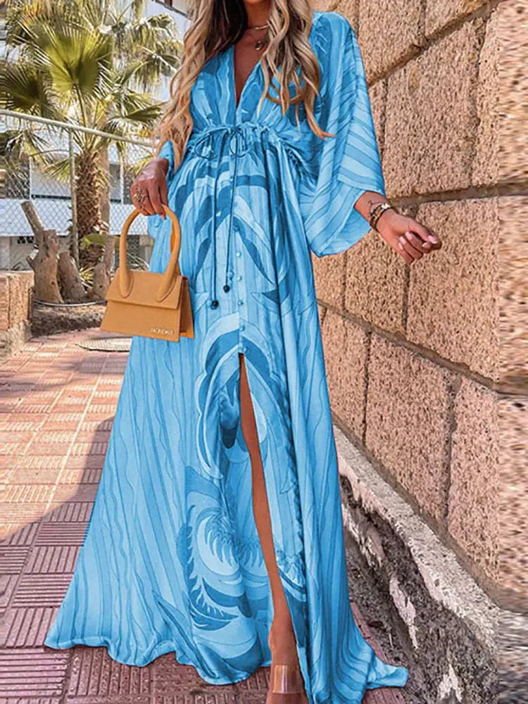 Zara™ | Women's Abstract Print Maxi Dress – Deep V-Neck Kimono Sleeve Tie Waist Dress with Front Split oaklynwear