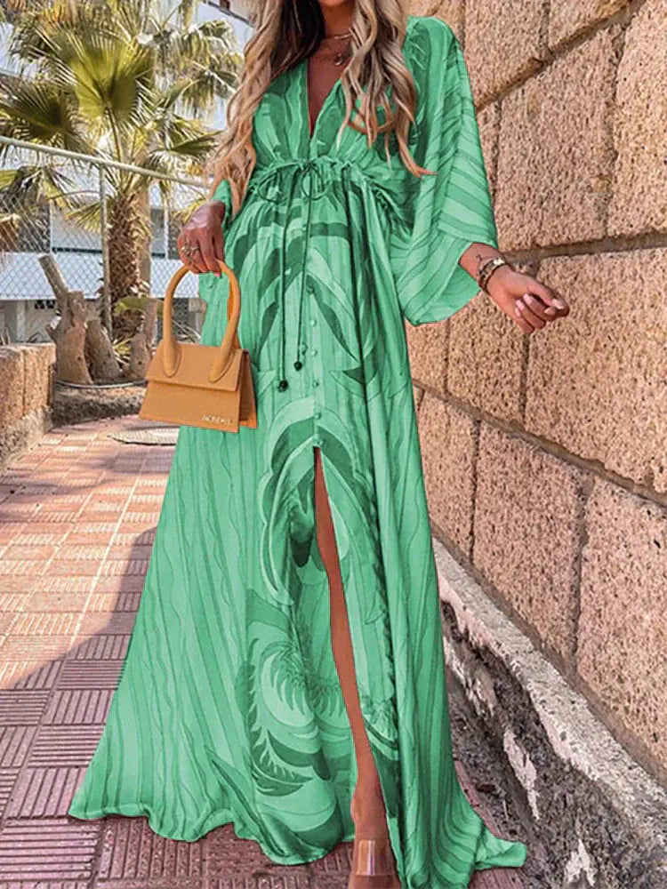Zara™ | Women's Abstract Print Maxi Dress – Deep V-Neck Kimono Sleeve Tie Waist Dress with Front Split oaklynwear