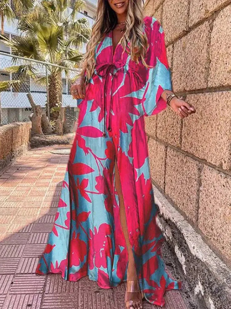 Zara™ | Women's Abstract Print Maxi Dress – Deep V-Neck Kimono Sleeve Tie Waist Dress with Front Split oaklynwear