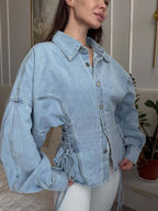 Light wash balloon sleeve denim jacket with collar and lace-up sides - view 2