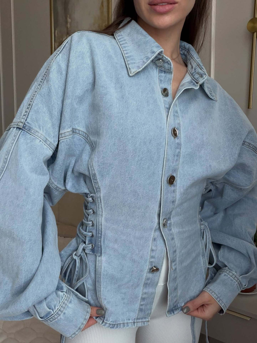 Light wash balloon sleeve denim jacket with collar and lace-up sides - view 3