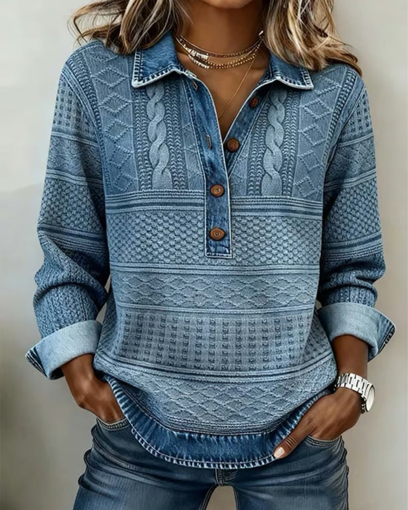 Women's collared half button sweatshirt with cable knit look texture and denim-look trim