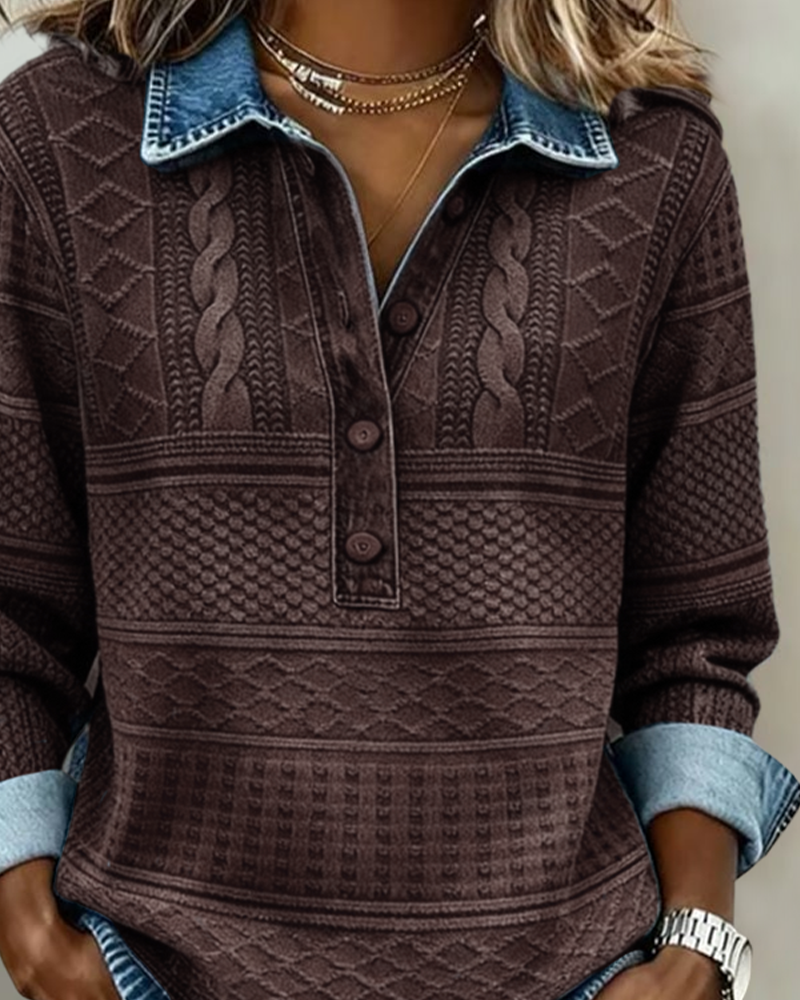 Women's collared half button sweatshirt with cable knit look texture and denim-look trim - view 4